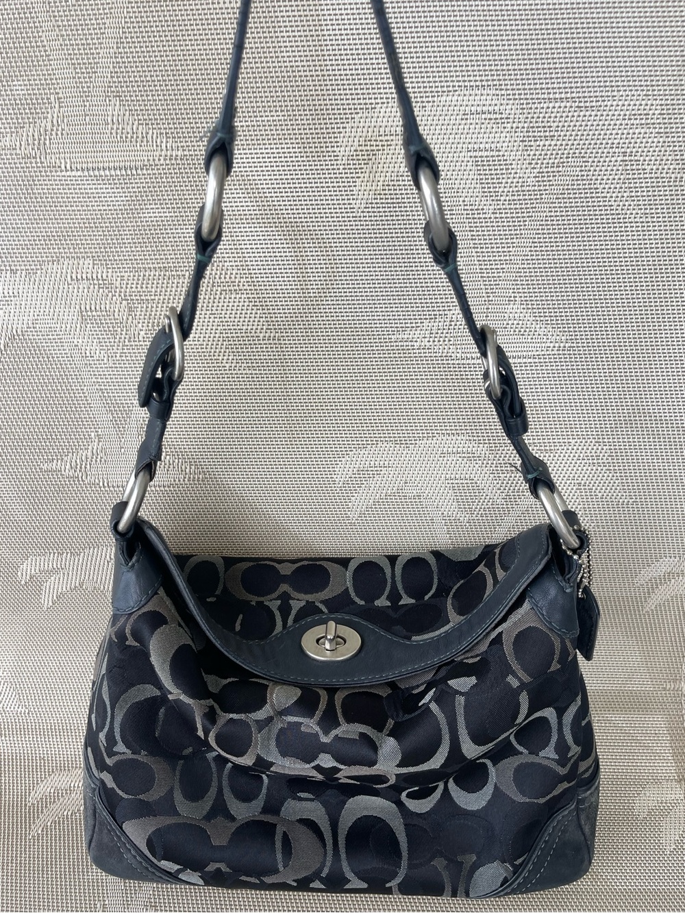 Coach 10142 Vintage Chelsea Black Signature C Canvas & Suede Shoulder Optic Bag